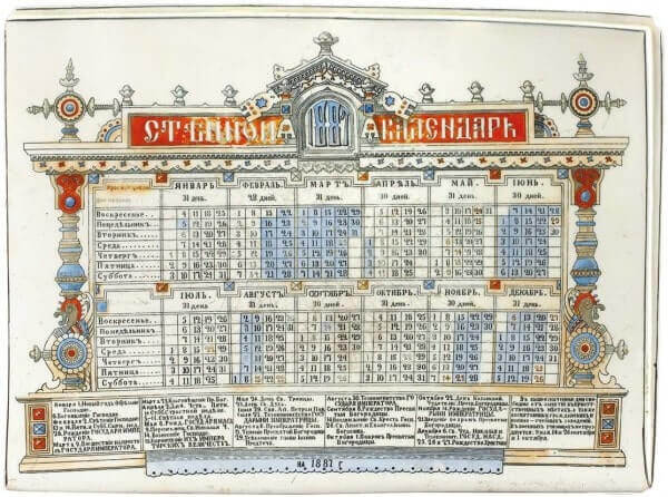 Тарелка «Стенной календарь на 1887 год». Россия, Ф-ка М.С.Кузнецова в Тверской губернии. 1887 г.