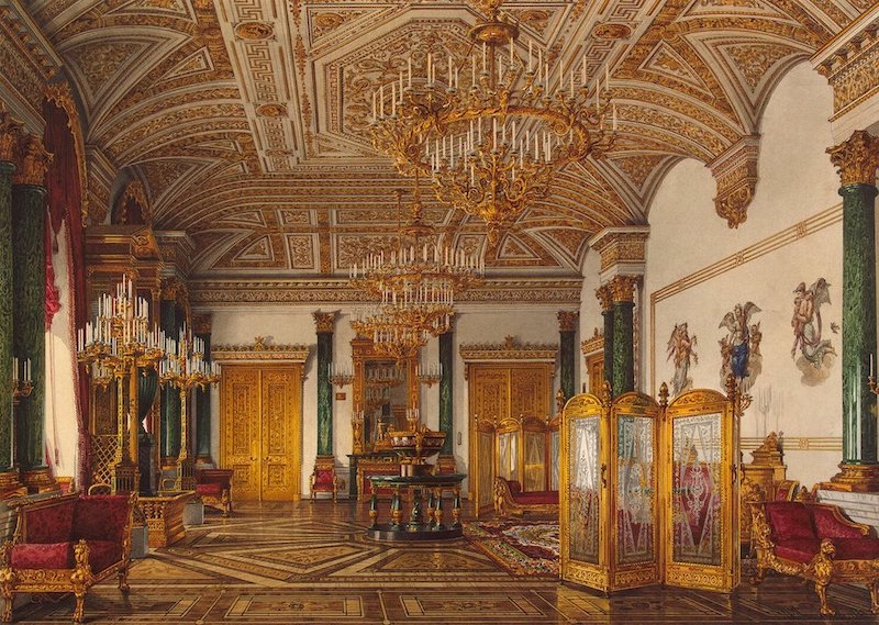 К. А. Ухтомский, 1865 г. - «Малахитовая гостиная (Малахитовый зал)» - парадная гостиная в северо-западной части Зимнего дворца в Санкт-Петербурге. 