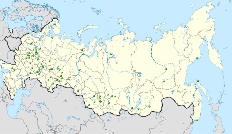 Распределение городов трудовой доблести по карте России (на сентябрь 2025 года)