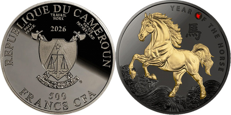 Монета Камеруна с покрытием рутением, позолотой и инкрустацией
