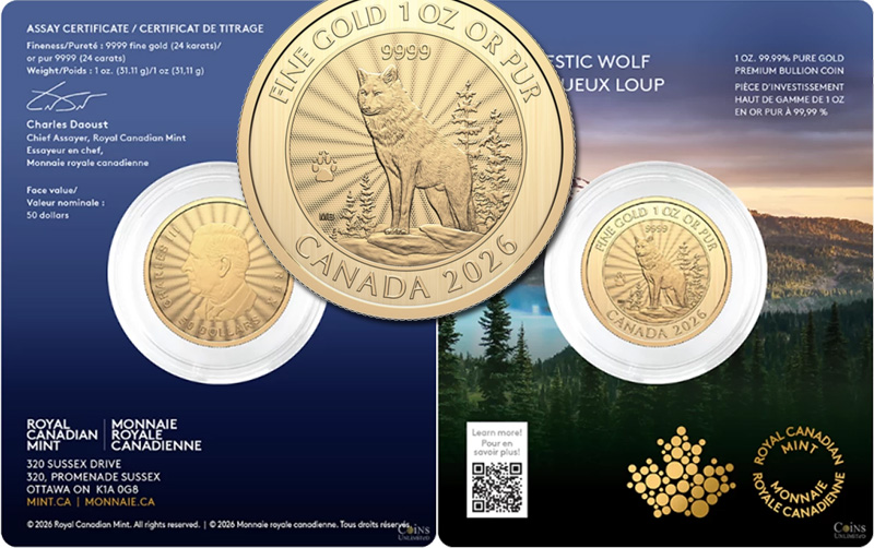 Монета Канады «Волк» из золота: коллекционные 50 долларов 2026 года Монета Канады «Волк» из золота 50 долларов 2026 года