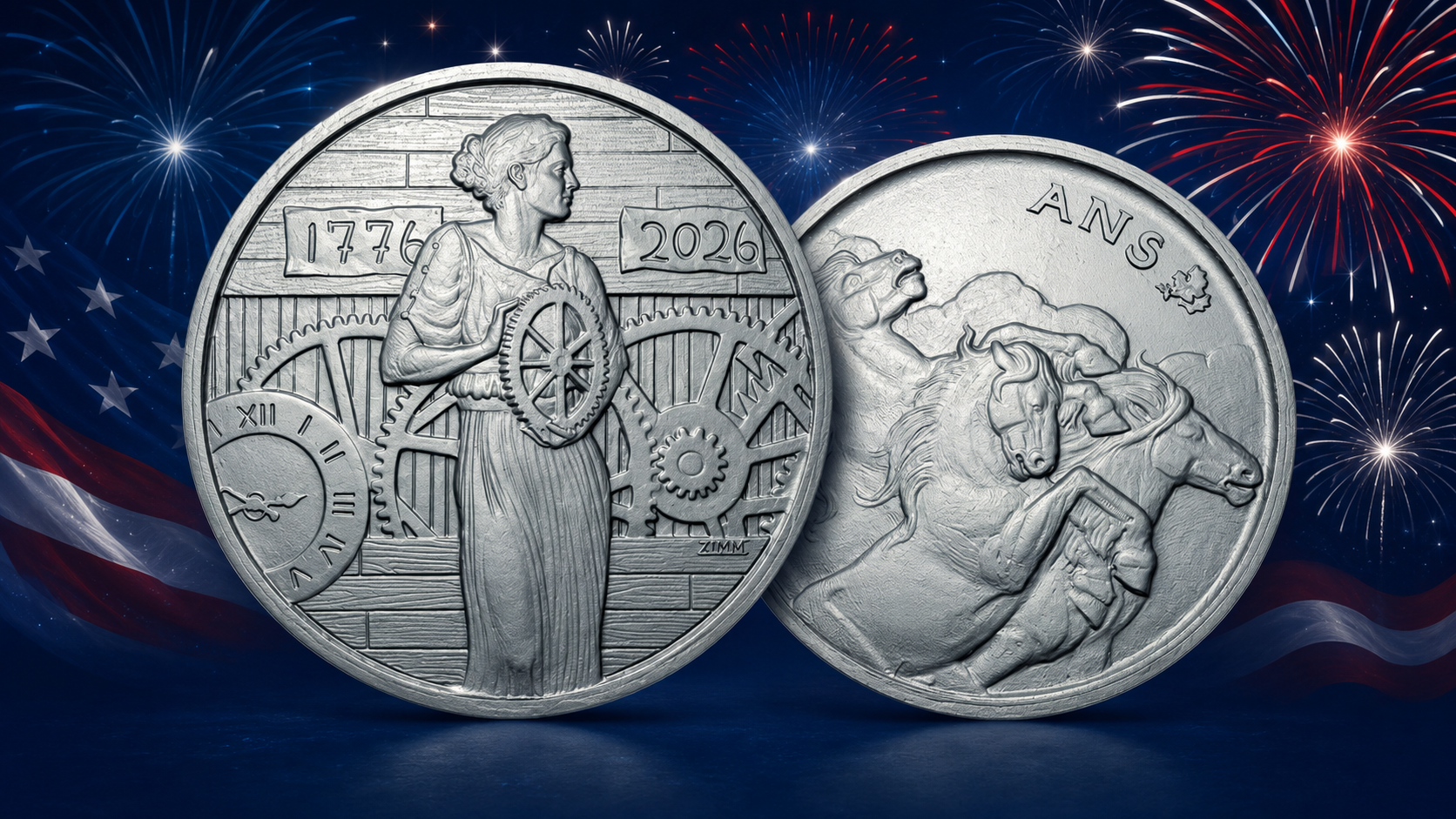 Медаль США к 250-летию независимости с часами 2:50 и тремя бегущими лошадьми Юбилейная медаль США к 250-летию независимости