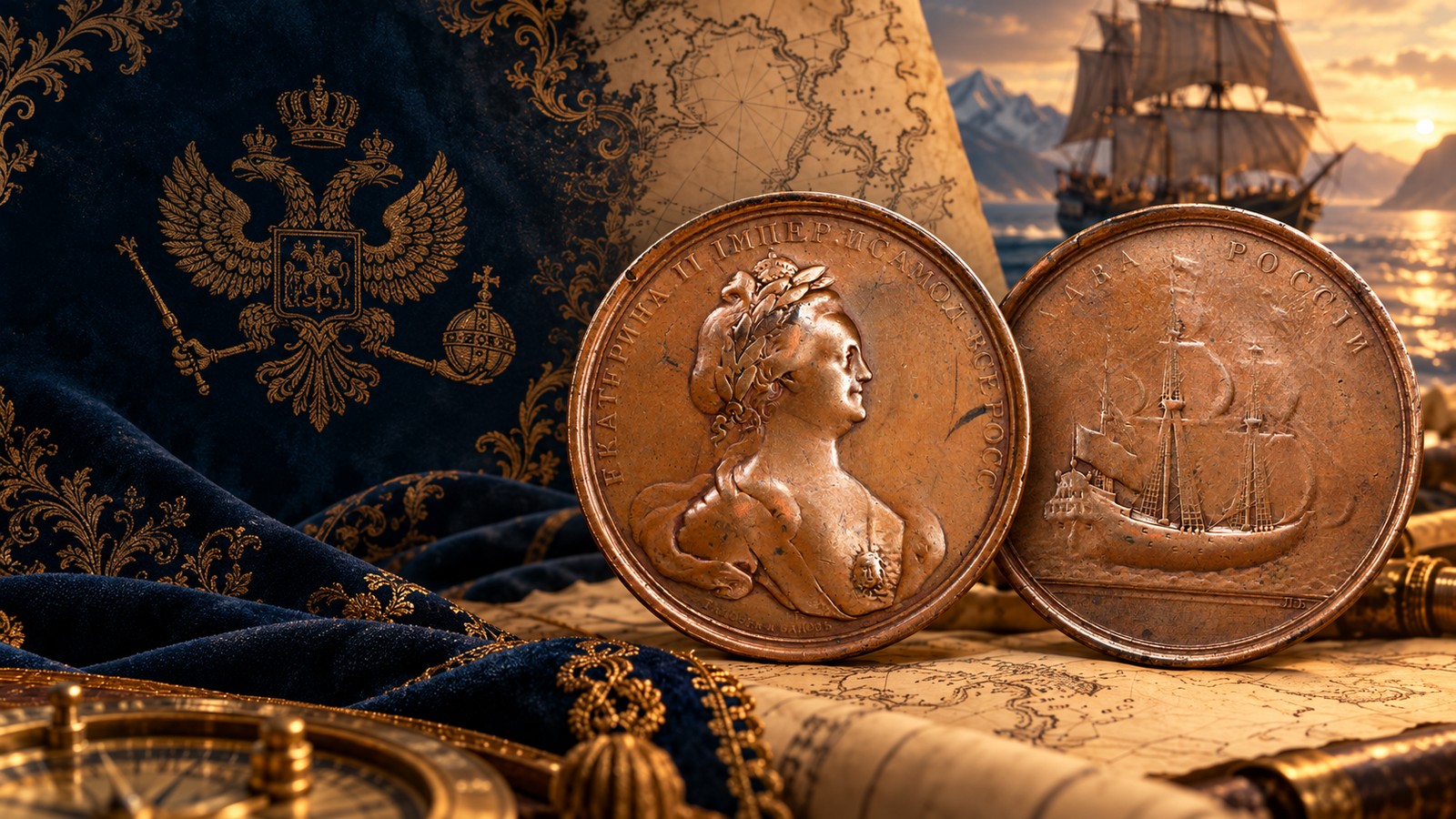 Медаль «Слава России» 1785 года — 134 200 долларов на аукционе Stack's Bowers Медная медаль Екатерины II «Слава России» 1785 года с кораблём экспедиции Биллингса — Сарычева