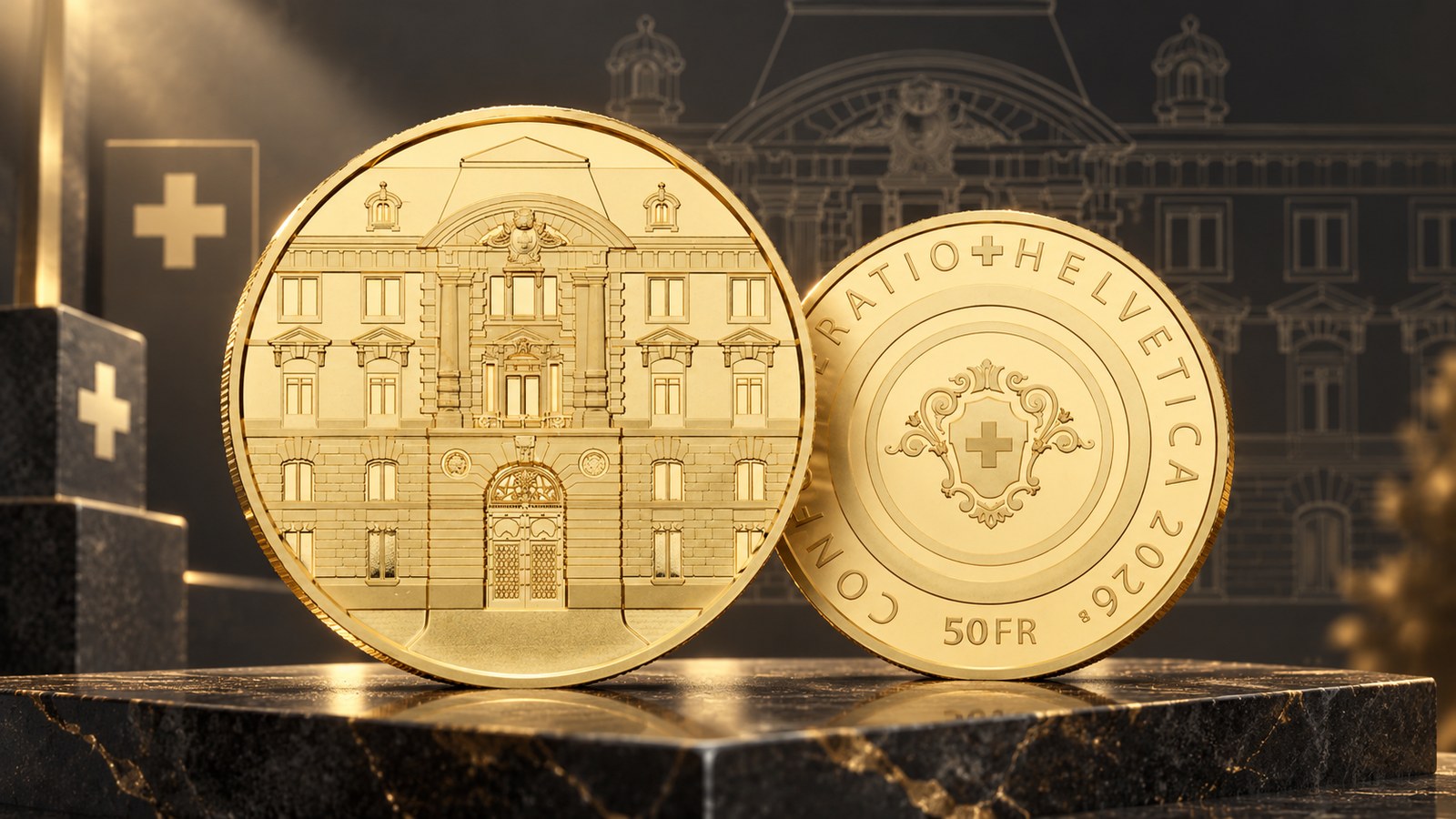 Монета Швейцарии 50 франков 2026: 120 лет зданию Swissmint Золотая монета Швейцарии 50 франков 2026 года к 120-летию здания монетного двора Swissmint в Берне