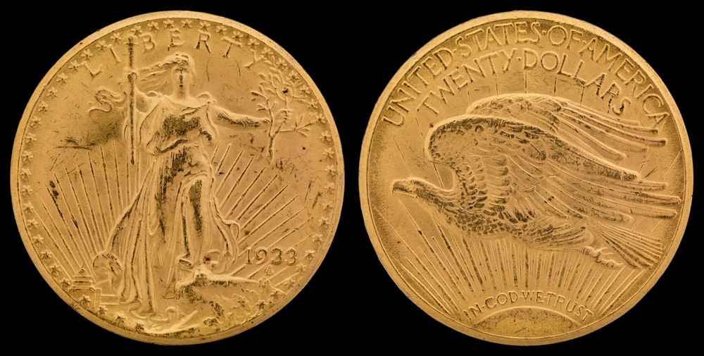 Монета США 20 долларов 1933 года, Saint-Gaudens Double Eagle Золотая монета США 20 долларов 1933 года «двойной орёл»: аверс и реверс