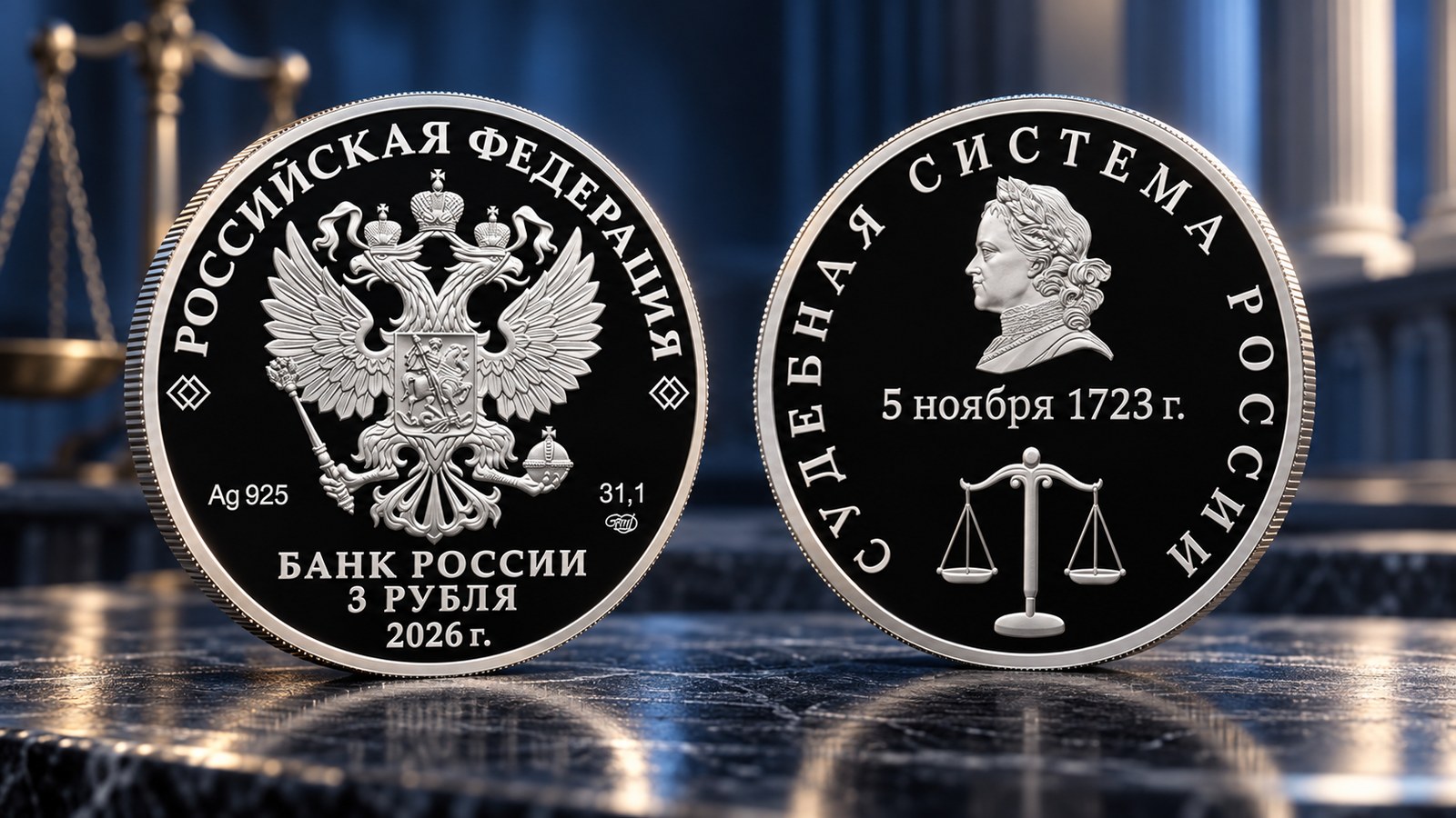 Монета «Судебная система России» 3 рубля 2026 года Памятная серебряная монета России 3 рубля 2026 года «Судебная система России»