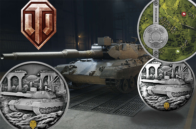 Монета Ниуэ «World of Tanks»: серебряная монета с танком Leopard 2 доллара 2025 Монета Ниуэ «World of Tanks» 2 доллара 2025
