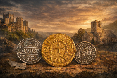 Клад средневековых монет: англосаксонские пенни, франкский денарий и золотой солид