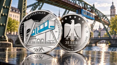 Монета Германии 35 евро 2026 с Вуппертальской подвесной дорогой и слоном Туффи