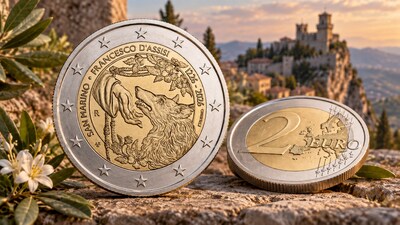 Монета Сан-Марино 2 евро 2026 к 800-летию Франциска Ассизского