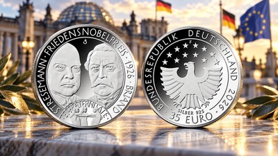 Монета Германии 35 евро 2026 к 100-летию Нобелевской премии Штреземана и Бриана