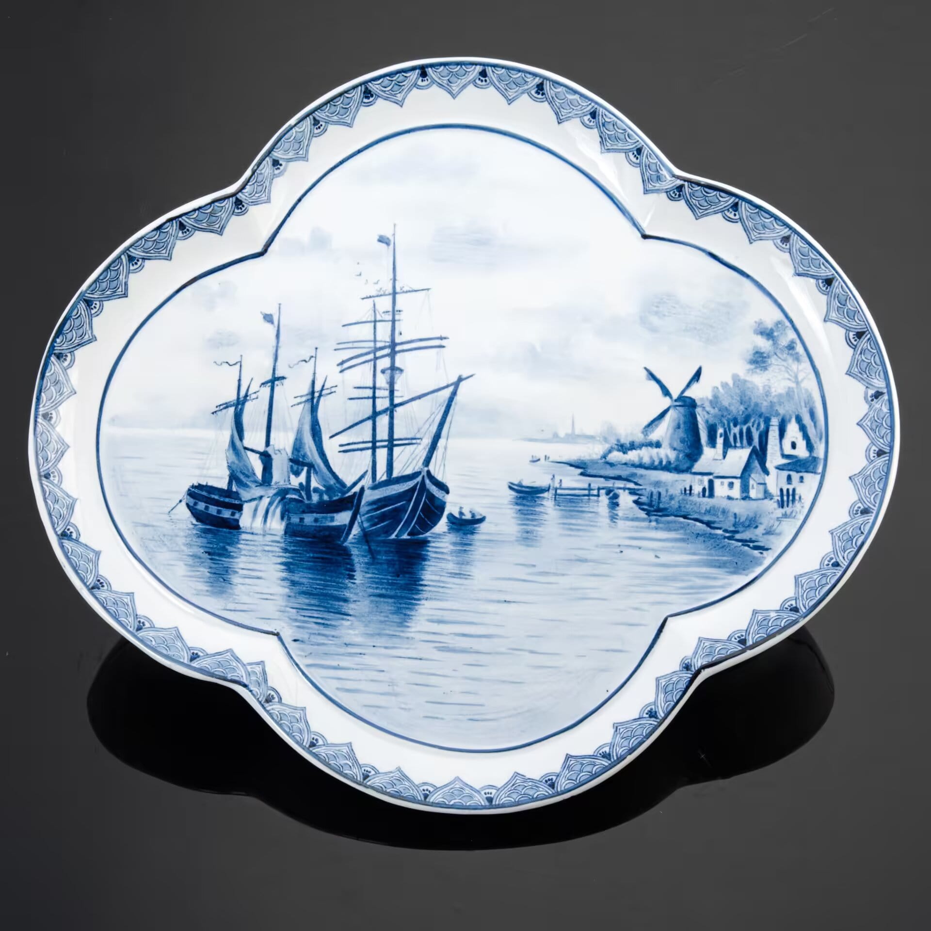 Блюдо декоративное с речным пейзажем, фаянс, роспись, Villeroy & Boch, Германия, 1880-1900 гг.