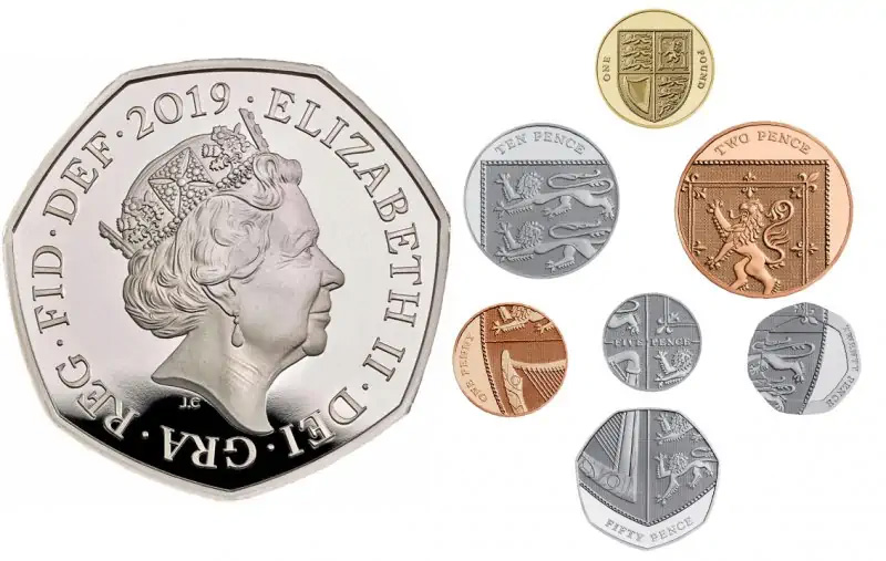 Британские монеты фунта стерлингов Королевский щит на монетах Великобритании