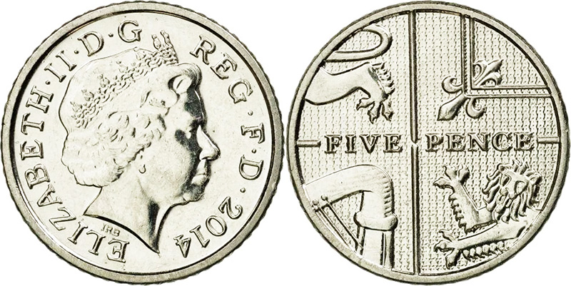 Британские монеты фунта стерлингов 5 пенсов