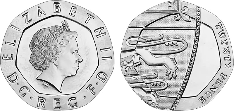 Британские монеты фунта стерлингов 20 пенсов без даты