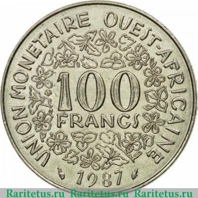 Реверс монеты 100 франков (francs) 1987 года   Западная Африка (BCEAO)