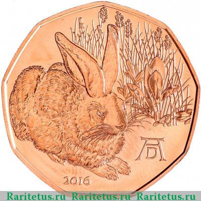Реверс монеты 5 евро (euro) 2016 года  заяц Австрия