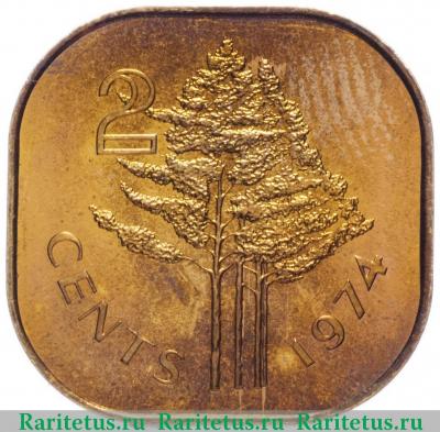 Реверс монеты 2 цента (cents) 1974 года   Свазиленд