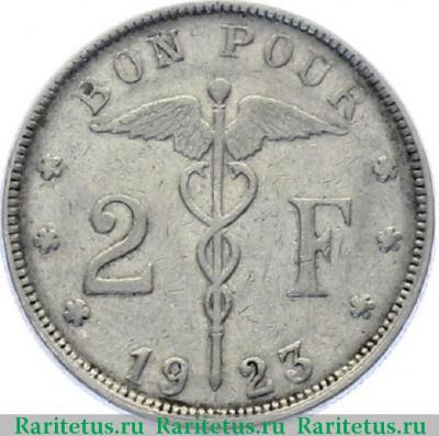 Реверс монеты 2 франка (francs) 1923 года  BELGIQUE, монетная ориентация Бельгия