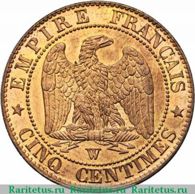 Реверс монеты 5 сантимов (centimes) 1855 года W  Франция