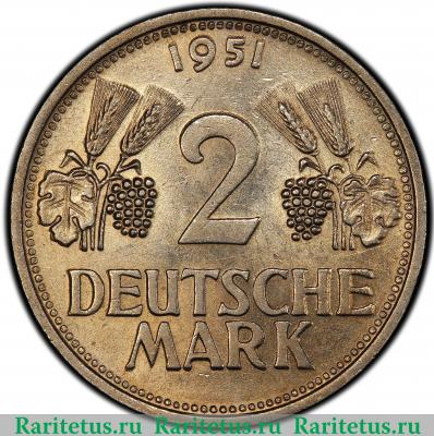 Реверс монеты 2 марки (deutsche mark) 1951 года G  Германия
