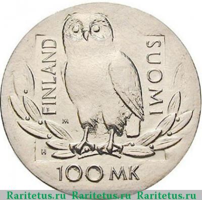 100 марок (markkaa) 1990 года H-M сова и арфа