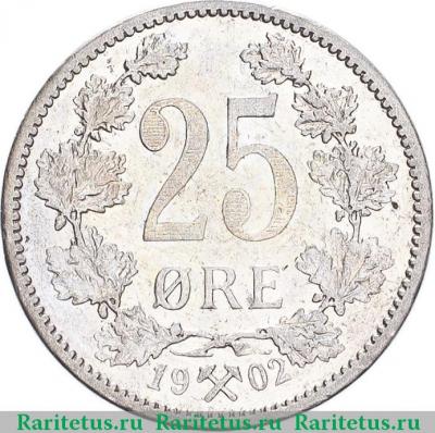 Реверс монеты 25 эре (ore) 1902 года   Норвегия