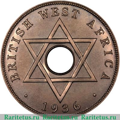 Реверс монеты 1 пенни (penny) 1936 года  без букв Британская Западная Африка