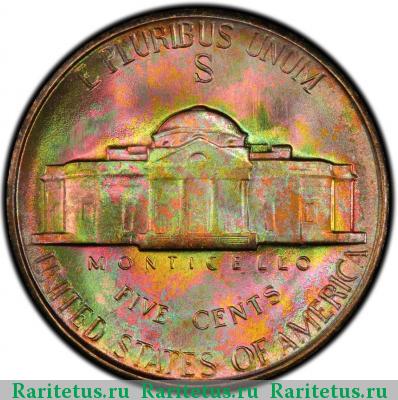 Реверс монеты 5 центов (cents) 1945 года S США