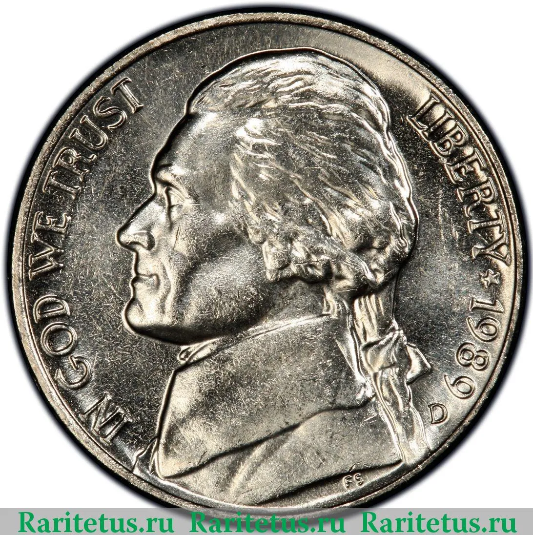 Цена монеты 5 центов (cents) 1989 года D, США 