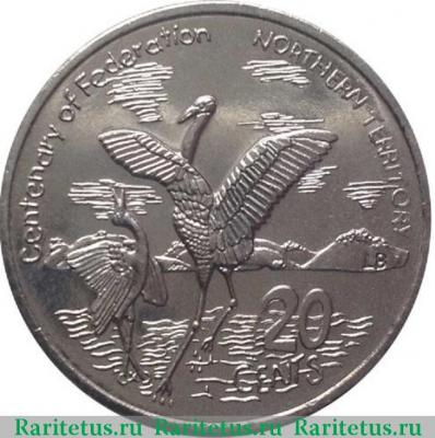 Реверс монеты 20 центов (cents) 2001 года  северные территории Австралия