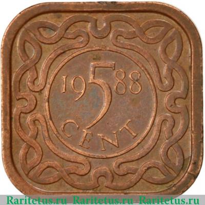 Реверс монеты 5 центов (cents) 1988 года   Суринам