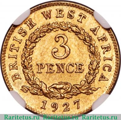 Реверс монеты 3 пенса (pence) 1927 года   Британская Западная Африка