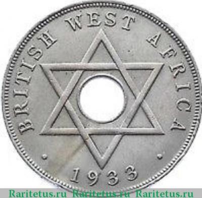Реверс монеты 1 пенни (penny) 1933 года   Британская Западная Африка