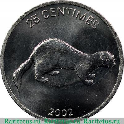 Реверс монеты 25 сантимов (centimes) 2002 года  ласка Конго (ДРК)