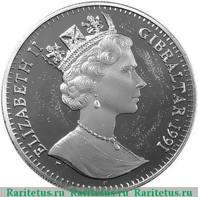 1 крона (crown) 1991 года  корги Гибралтар proof