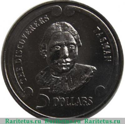 Реверс монеты 5 долларов (dollars) 1992 года  Тасман Новая Зеландия