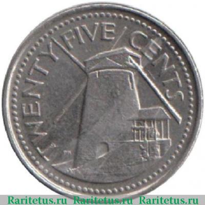 Реверс монеты 25 центов (cents) 2011 года   Барбадос