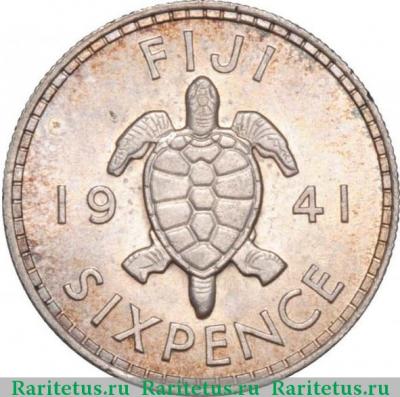 Реверс монеты 6 пенсов (pence) 1941 года   Фиджи