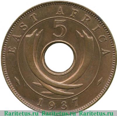 Реверс монеты 5 центов (cents) 1937 года H  Британская Восточная Африка