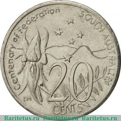 Реверс монеты 20 центов (cents) 2001 года  южные территории Австралия