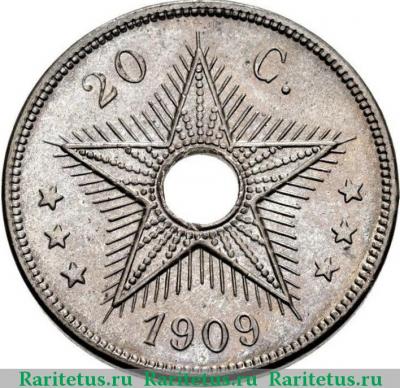 Реверс монеты 20 сантимов (centimes) 1909 года   Бельгийское Конго