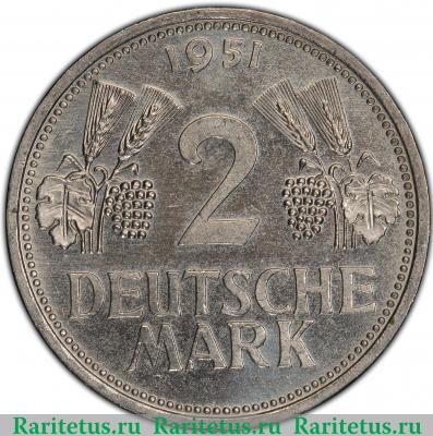 Реверс монеты 2 марки (deutsche mark) 1951 года D  Германия