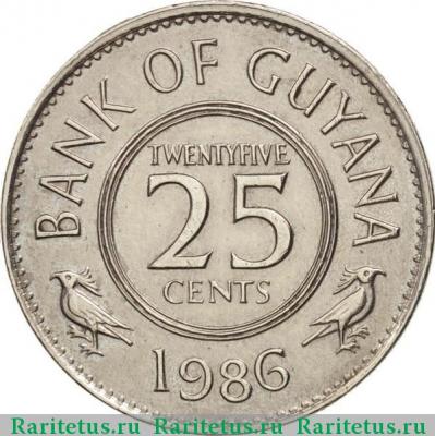 Реверс монеты 25 центов (cents) 1986 года   Гайана