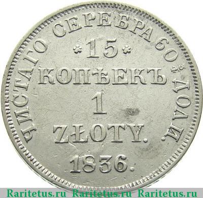 Реверс монеты 15 копеек - 1 злотый 1836 года НГ буквы "ДЕ"