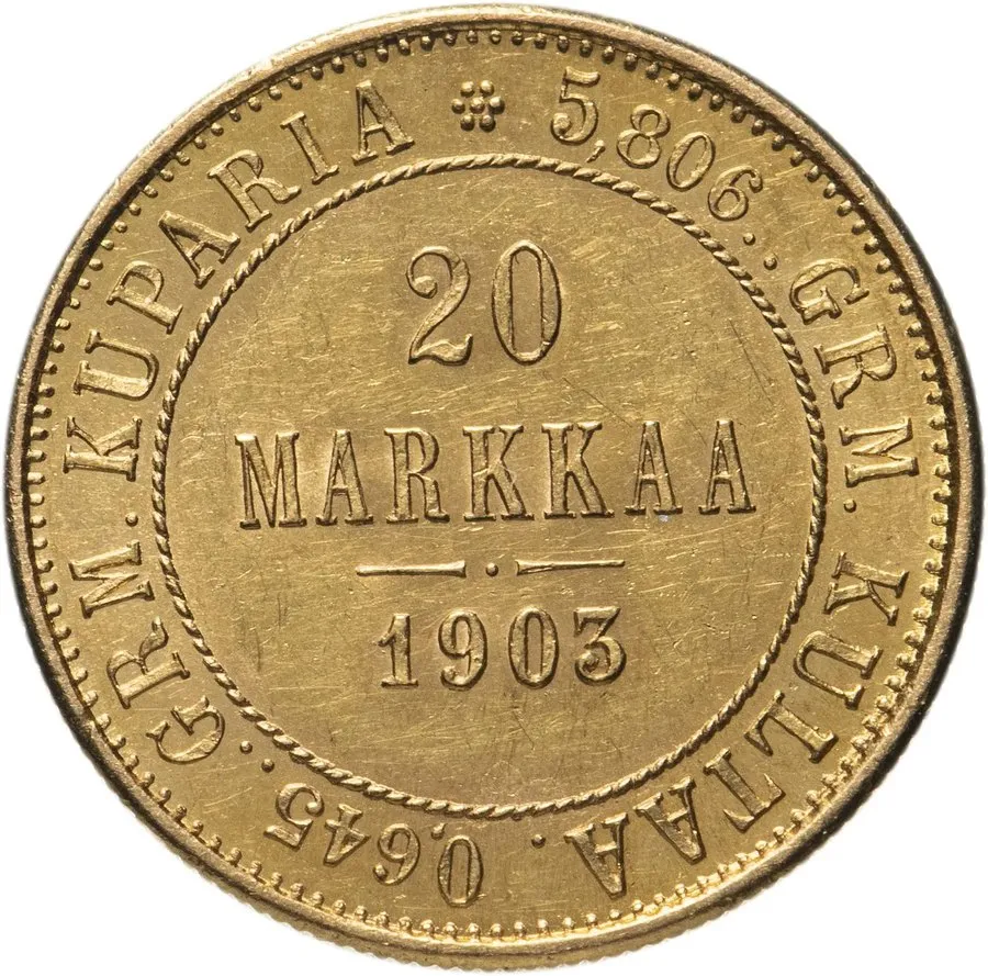 20 марок для Финляндии 1903–1913 — скупка золотых монет Николая II в Москве