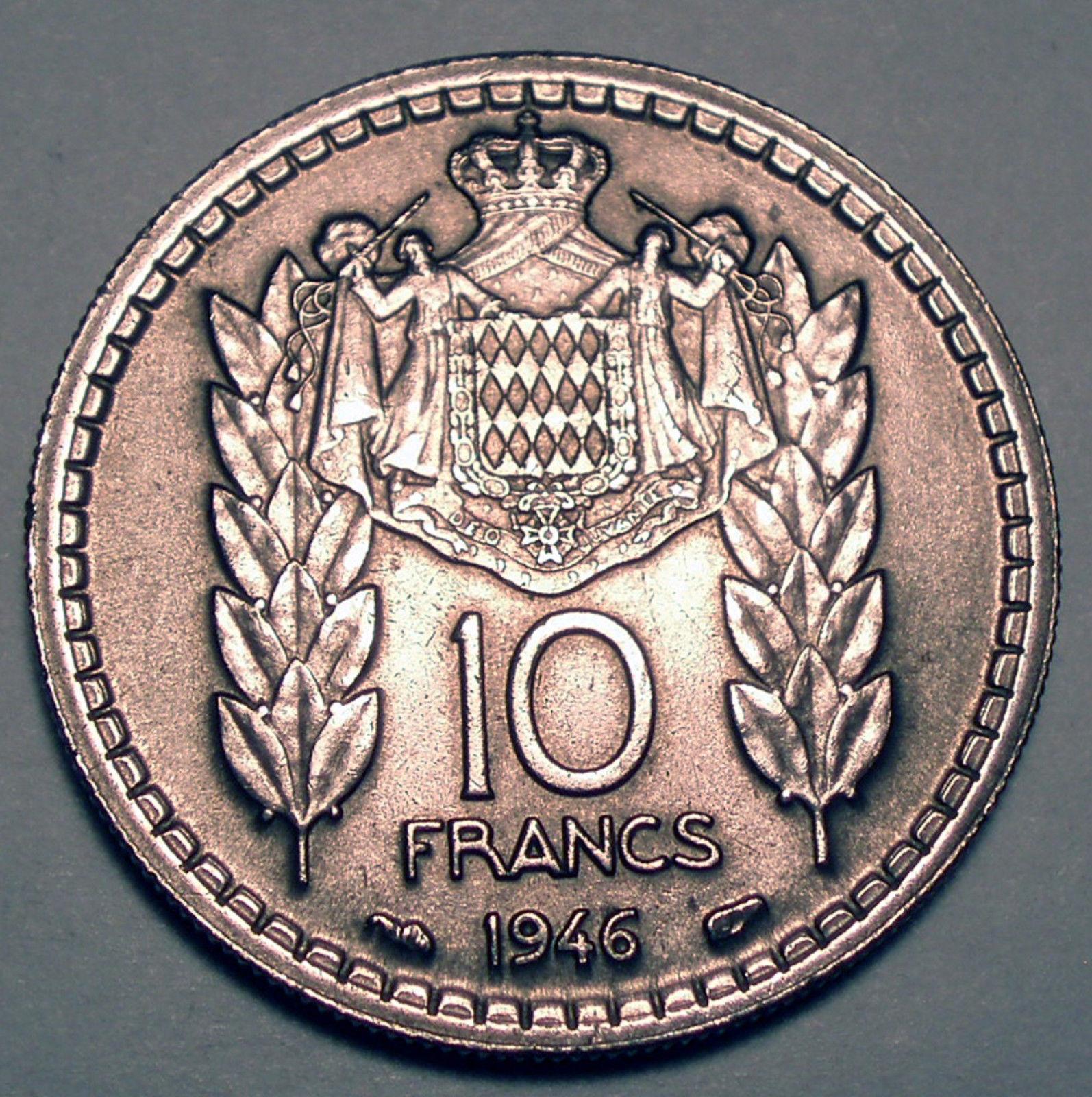 Цена монеты 10 франков (francs) 1946 года Монако: стоимость по аукционам с описанием и фото.