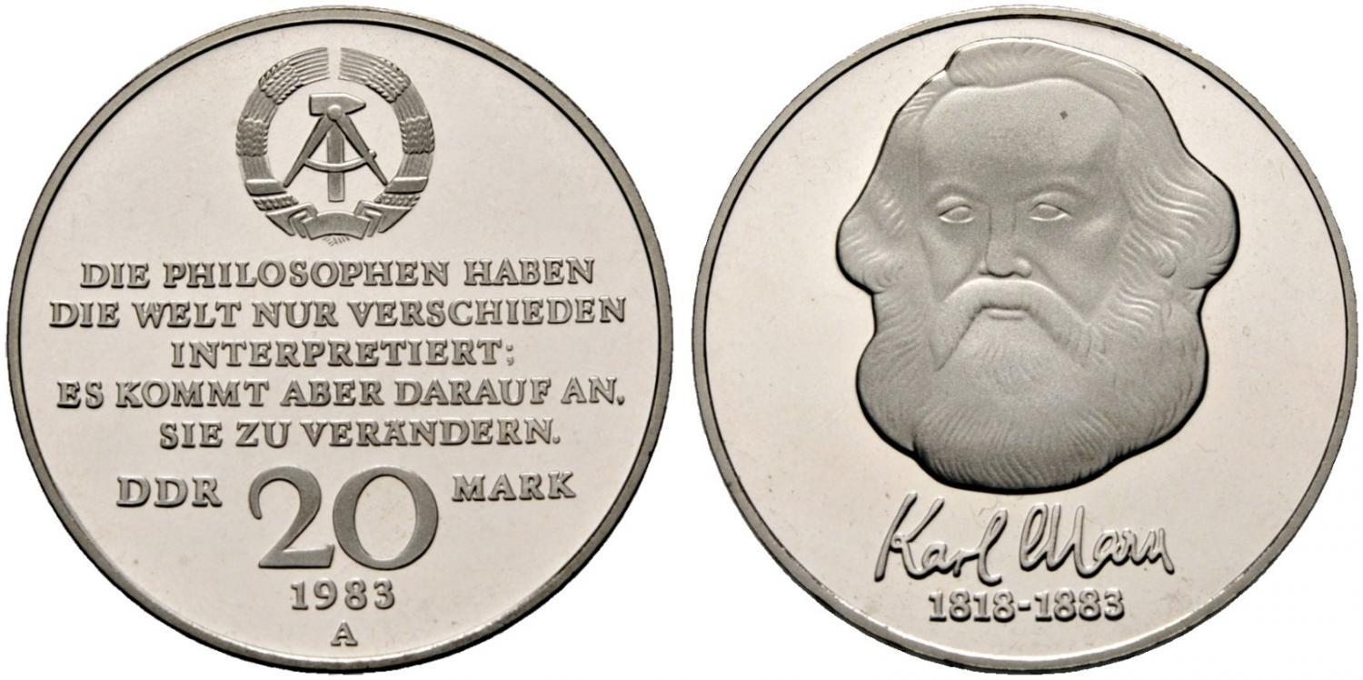 20 Ddr Mark Münze Karl Marx 1983 Wert Цена монеты 20 марок (mark) 1983 года, Карл Маркс Германия (ГДР) "100