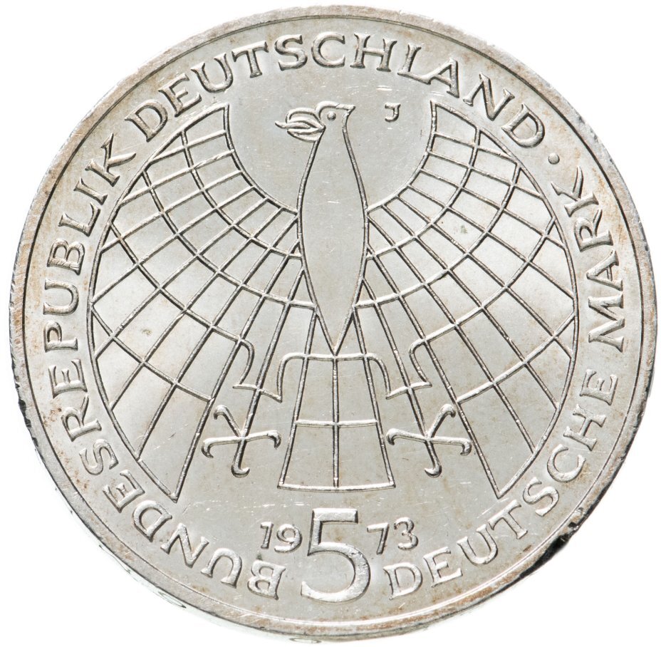 Цена монеты 5 марок (deutsche mark) 1973 года, Коперник Германия 