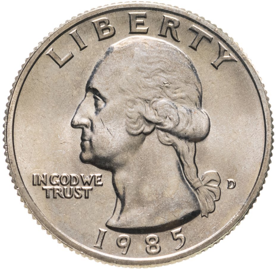 Цена монеты 25 центов (квотер, 1/4 доллара, quarter dollar) 1985 года D, США  